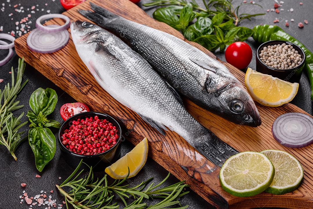Robalo de peixe fresco e ingredientes para cozinhar. Robalo de peixe cru com especiarias e ervas em uma mesa escura