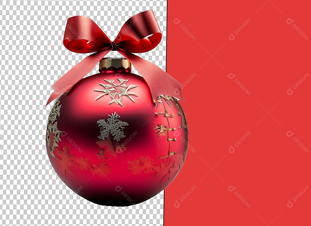 Elemento 3D Bola para Decoração de Natal Vermelha com Flocos de Neves e Laço para Composição PSD