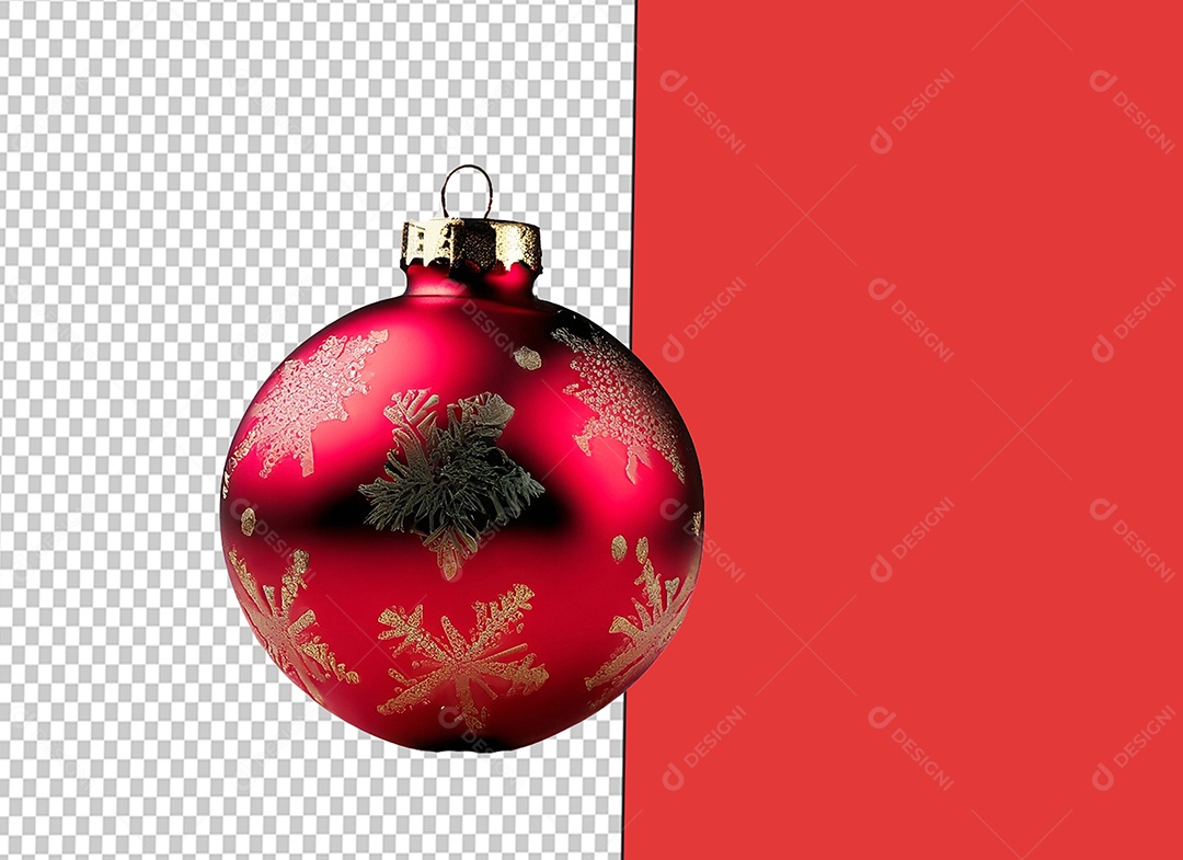 Bola para Decoração de Natal Vermelha com Flocos de Neve Elemento 3D para Composição PSD