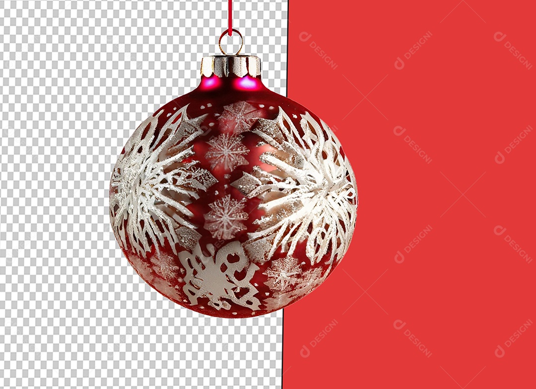 Bola para Decoração de Natal Elemento 3D Vermelho com Flocos de Neve para Composição PSD