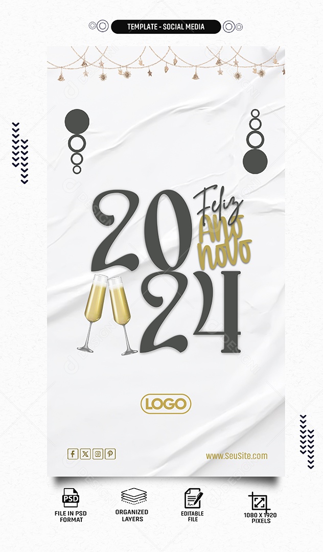 Story 2024 Feliz Ano Novo Social Media PSD Editável