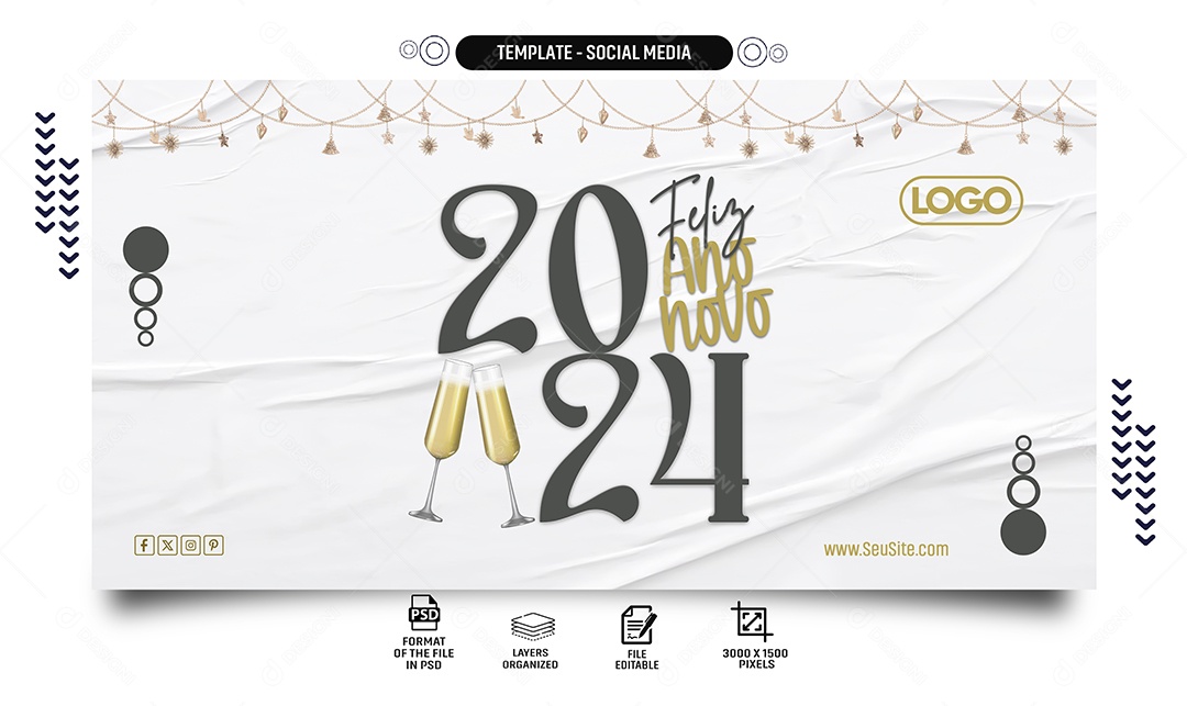 Social Media Banner Feliz Ano Novo 2024 PSD Editável