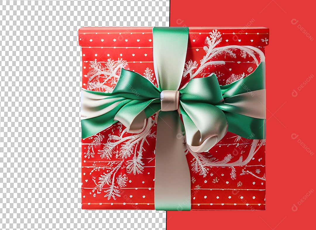 Caixa De Presente de Natal Elemento 3D Vermelho com Laço Verde para Composição PSD