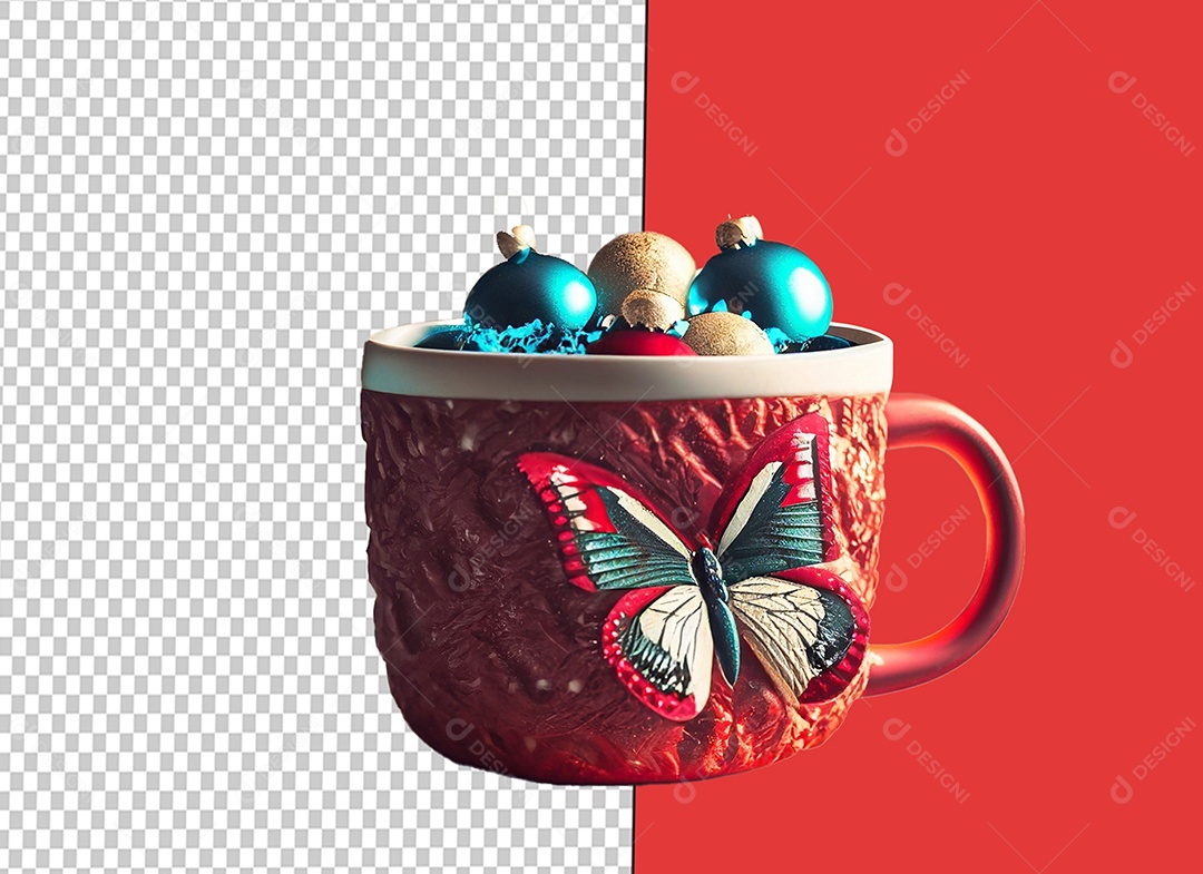Caneca Vermelha com Decoração Natalina Elemento 3D para Composição PSD