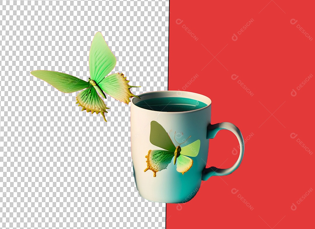 Caneca com Borboleta Elemento 3D para Composição PSD