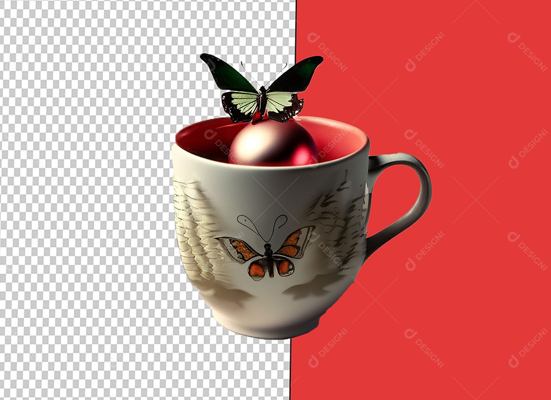 Caneca com Borboleta e Decoração Natalina Elemento 3D para Composição PSD
