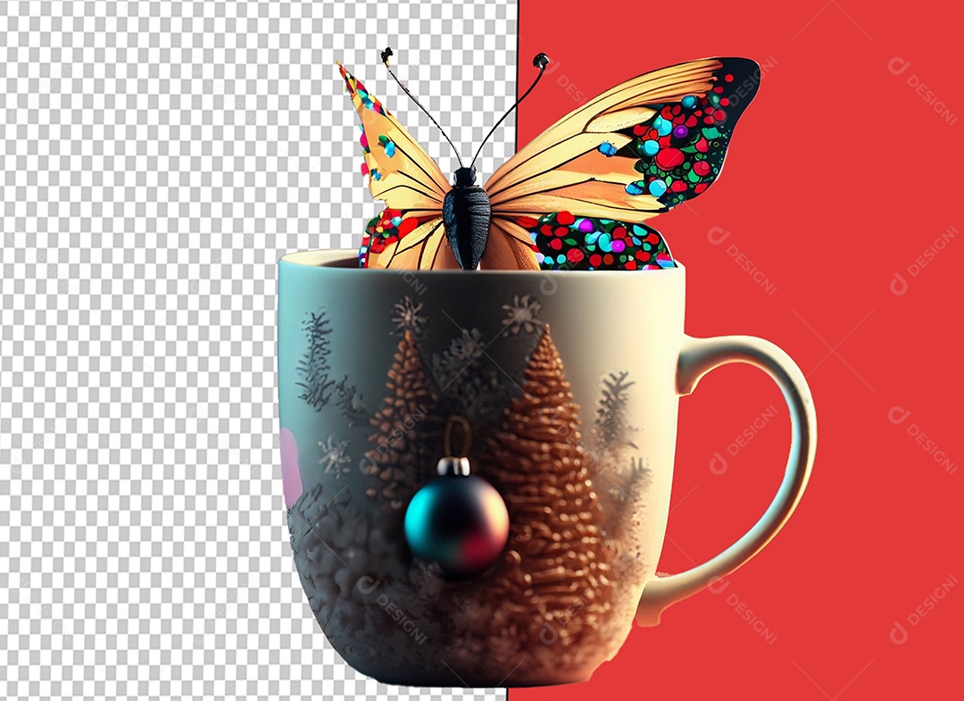 Caneca com Borboleta e Decoração Natalina Elemento 3D para Composição PSD