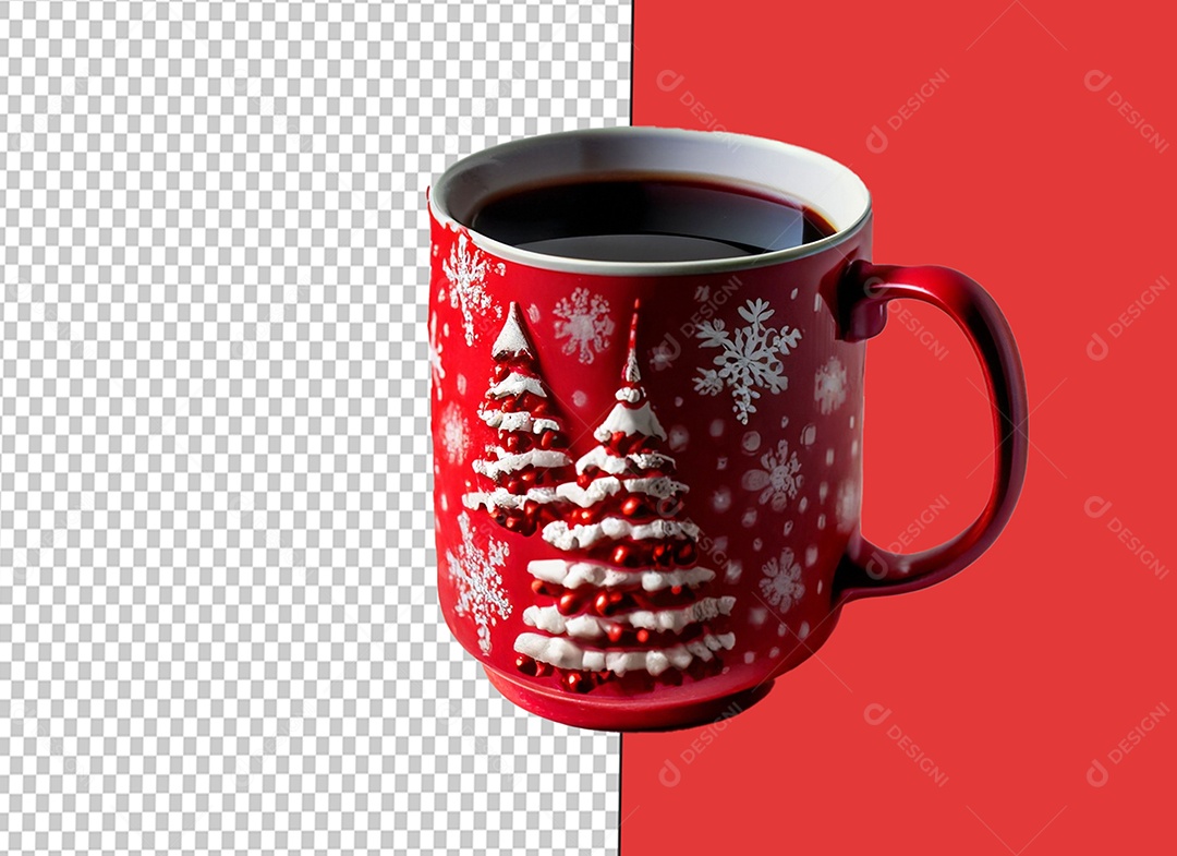 Caneca Vermelha com Café Objeto Natalino Elemento 3D para Composição PSD