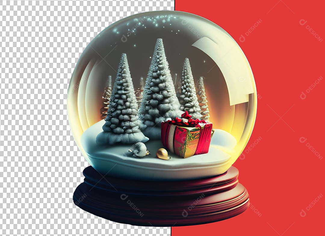 Globo de Neve com Árvores e Caixa de Presente Decoração Natalina Elemento 3D para Composição PSD