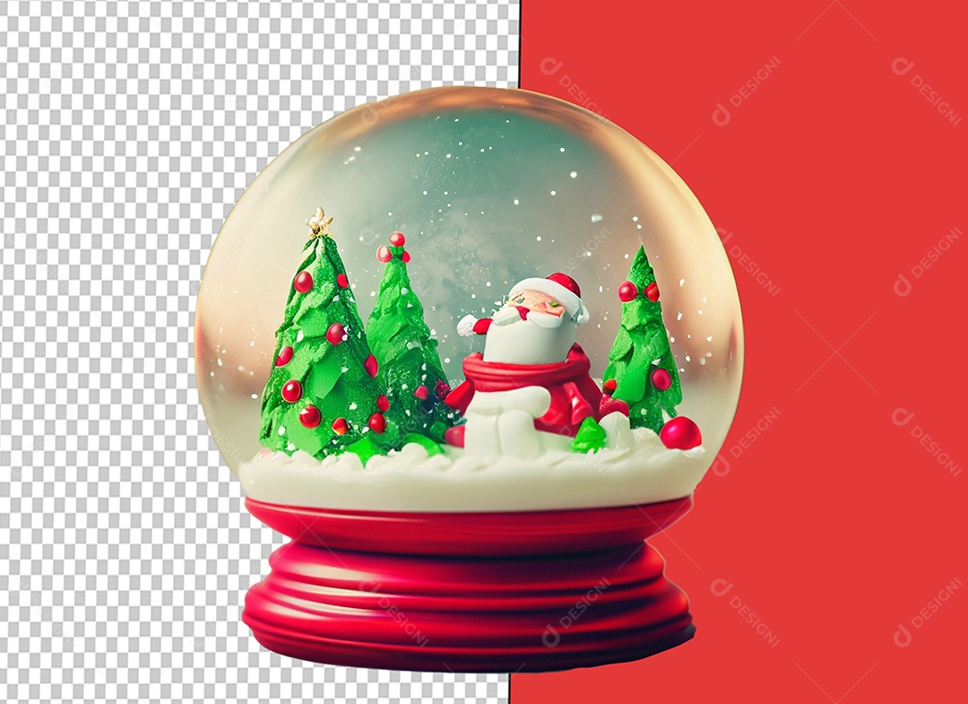 Globo de Neve com Árvores e Papai Noel Decoração Natalina Elemento 3D para Composição PSD