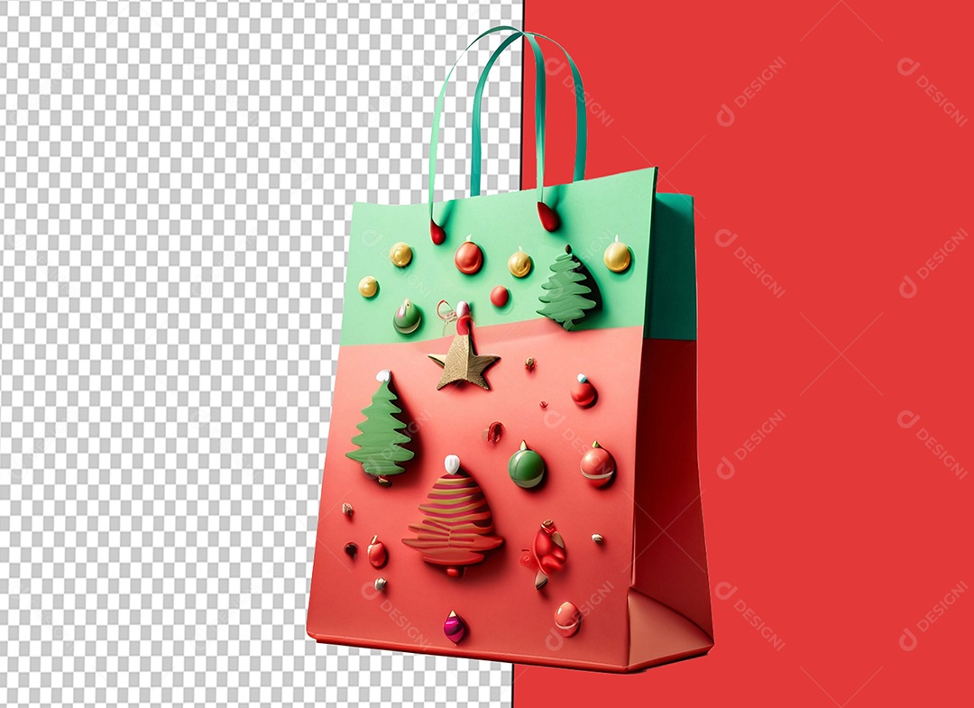 Sacola de Compras de Natal Vermelha e Verde Elemento 3D para Composição PSD