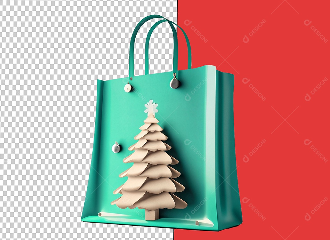 Sacola de Compras de Natal com Árvore de Natal Elemento 3D Verde para Composição PSD
