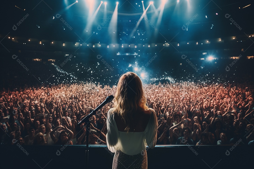 Uma linda cantora pop star dando uma apresentação musical