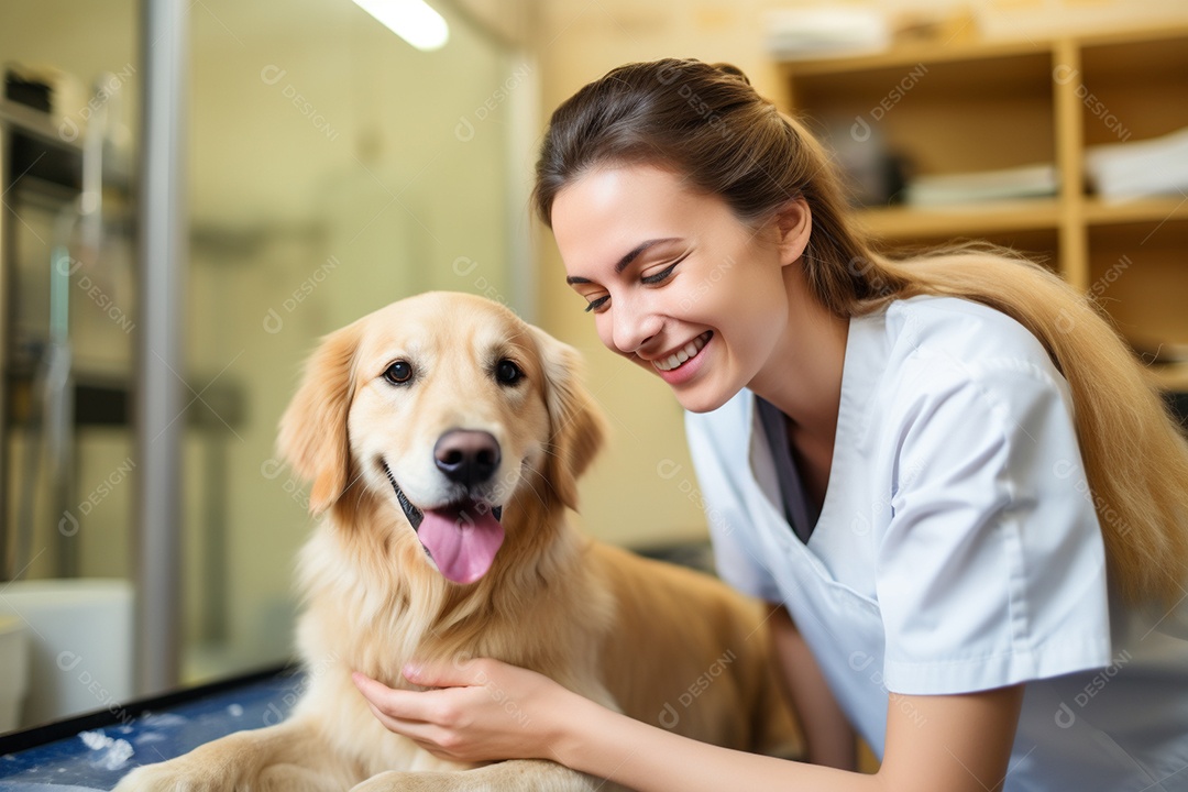 Uma linda enfermeira veterinária examinando um lindo e feliz cão golden retriever