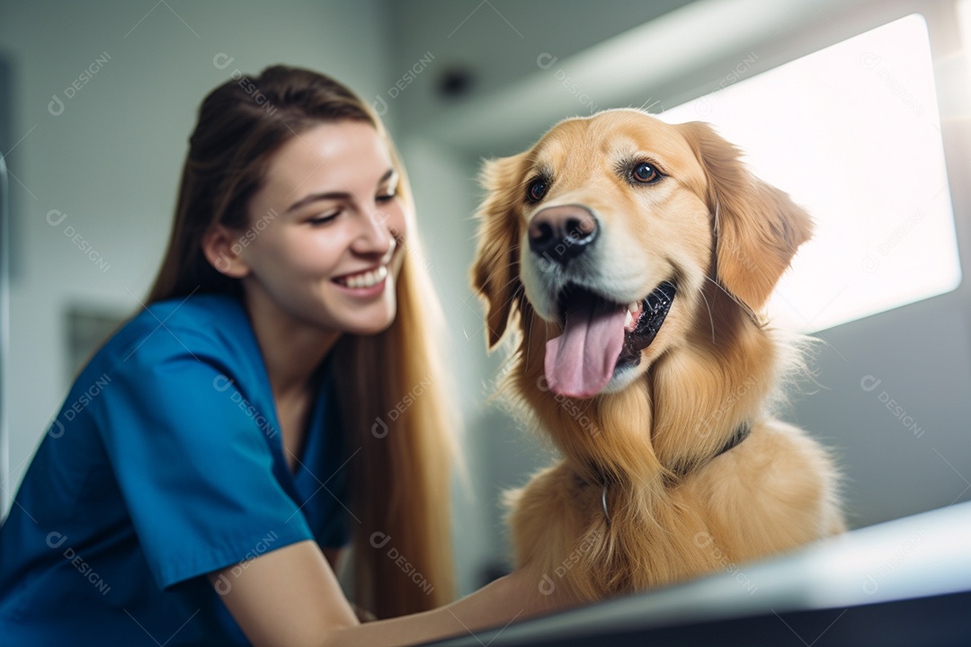 Uma linda enfermeira veterinária examinando um lindo e feliz cão golden retriever