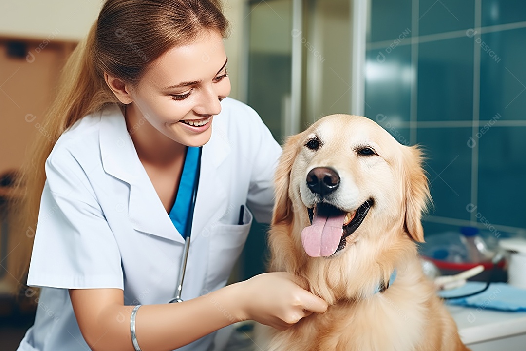 Uma linda enfermeira veterinária examinando um lindo e feliz cão golden retriever