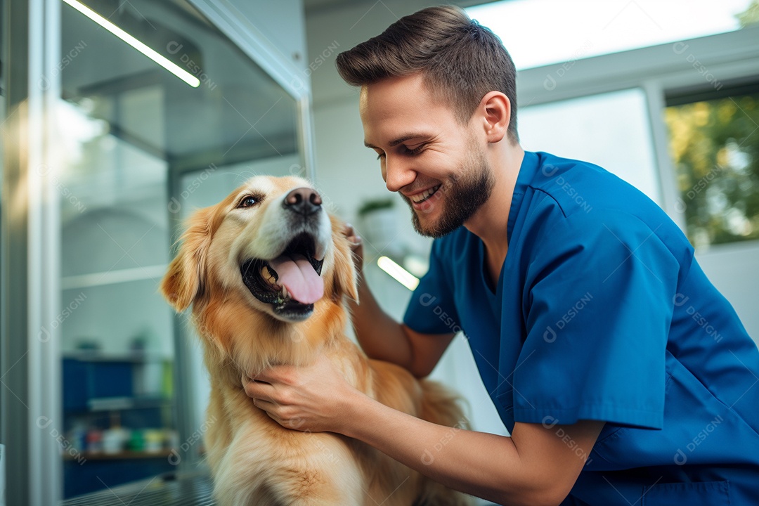 Uma linda enfermeira veterinária examinando um lindo e feliz cão golden retriever