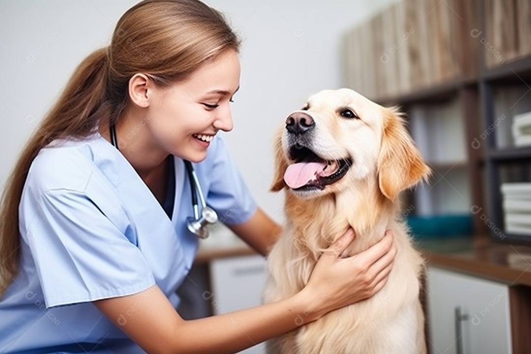 Uma linda enfermeira veterinária examinando um lindo e feliz cão golden retriever