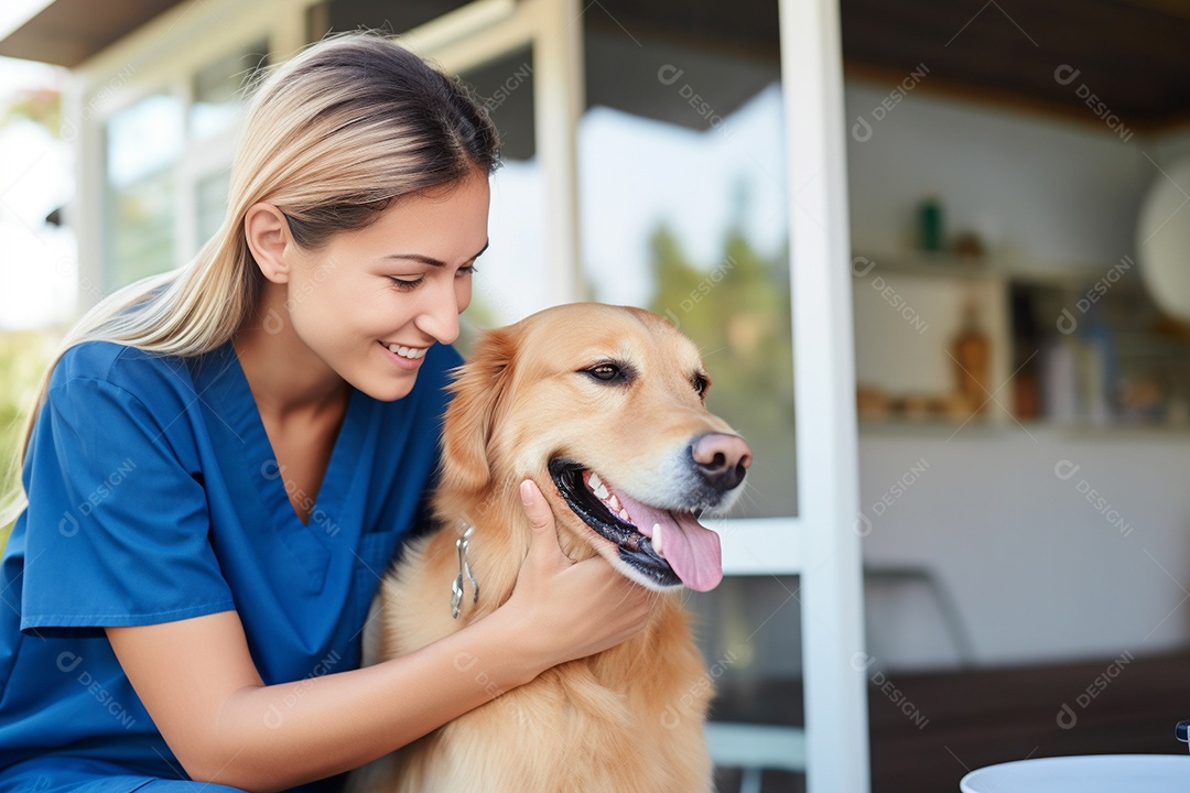 Uma linda enfermeira veterinária examinando um lindo e feliz cão golden retriever