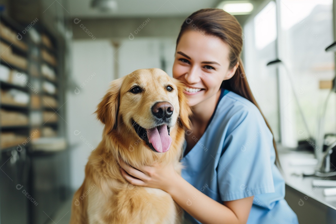 Uma linda enfermeira veterinária examinando um lindo e feliz cão golden retriever