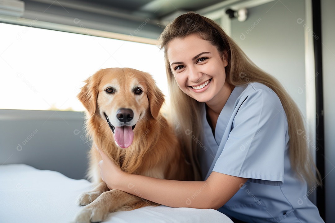 Uma linda enfermeira veterinária examinando um lindo e feliz cão golden retriever