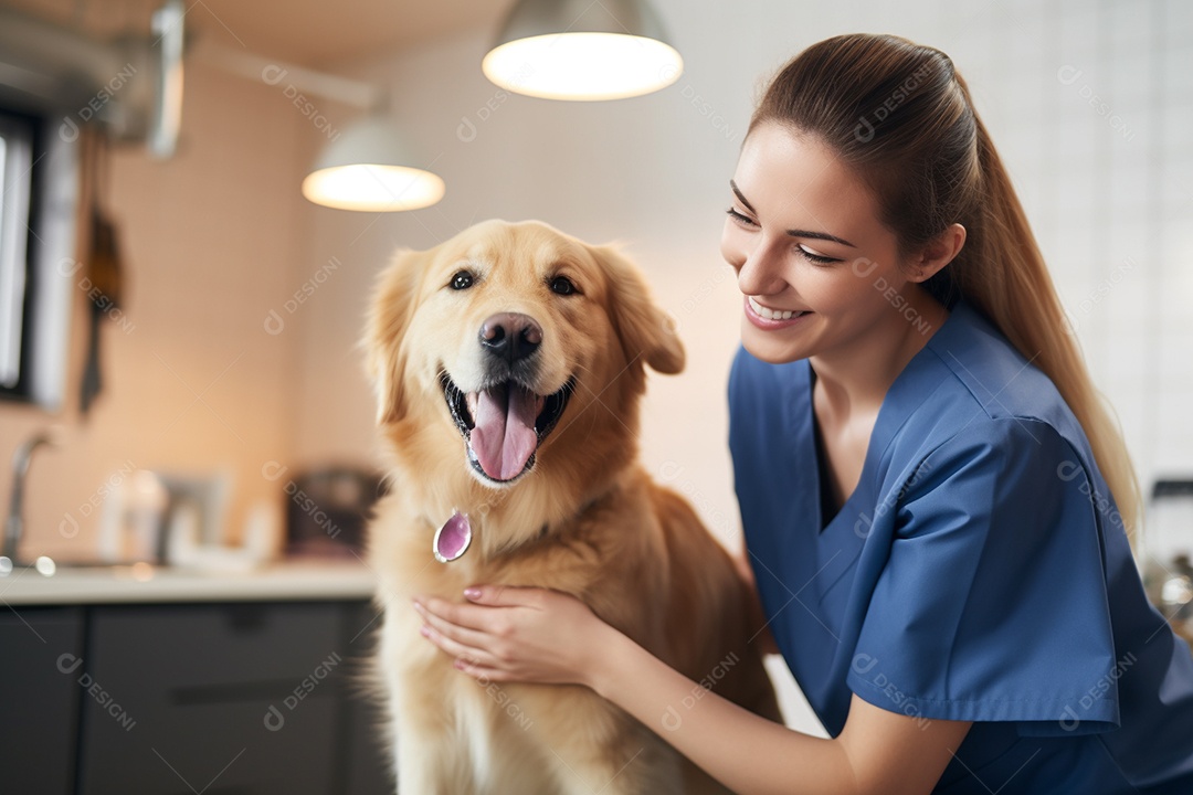 Uma linda enfermeira veterinária examinando um lindo e feliz cão golden retriever