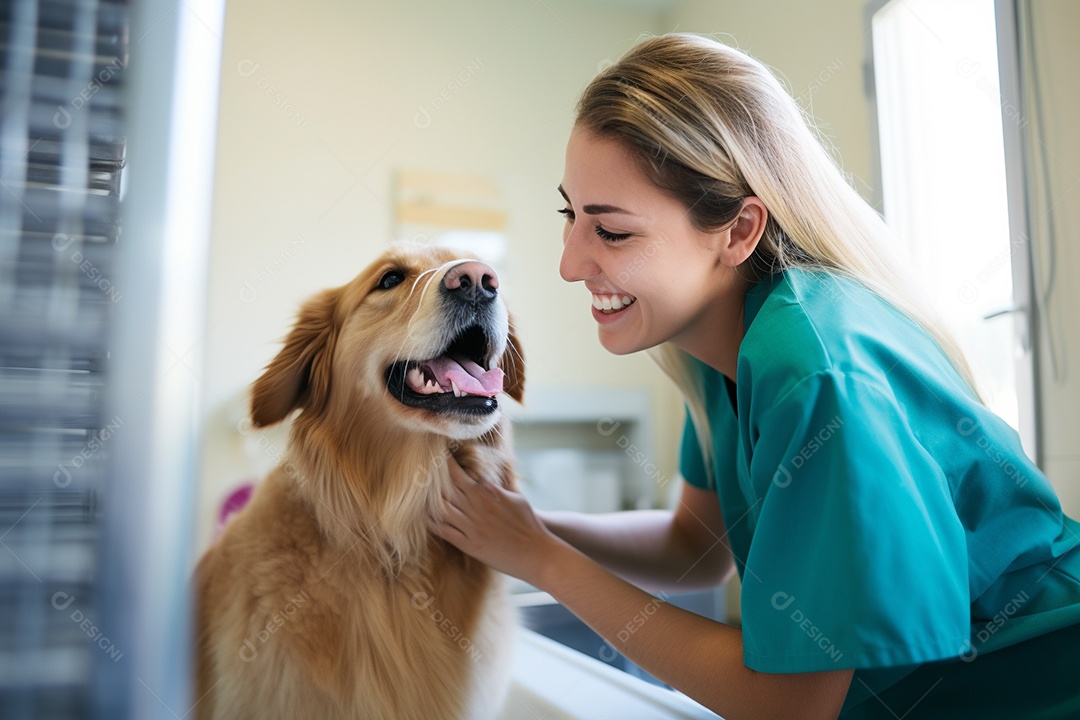 Uma linda enfermeira veterinária examinando um lindo e feliz cão golden retriever