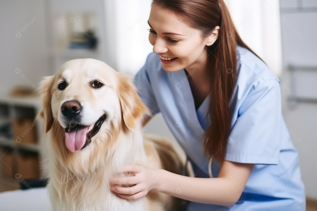 Uma linda enfermeira veterinária examinando um lindo e feliz cão golden retriever