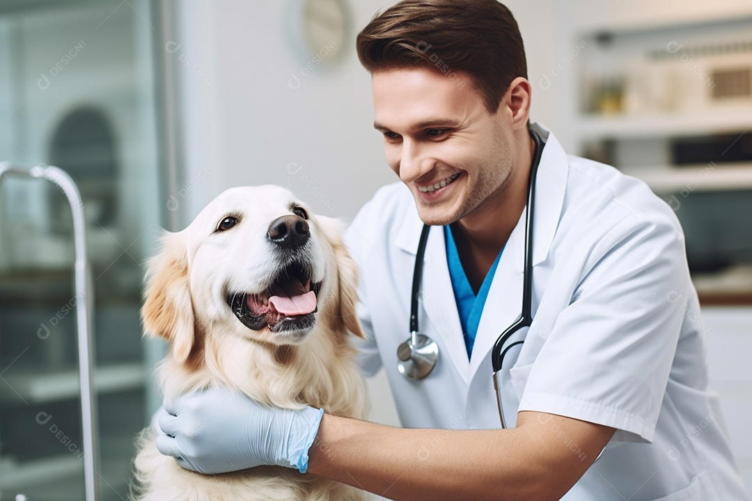 Uma linda enfermeira veterinária examinando um lindo e feliz cão golden retriever