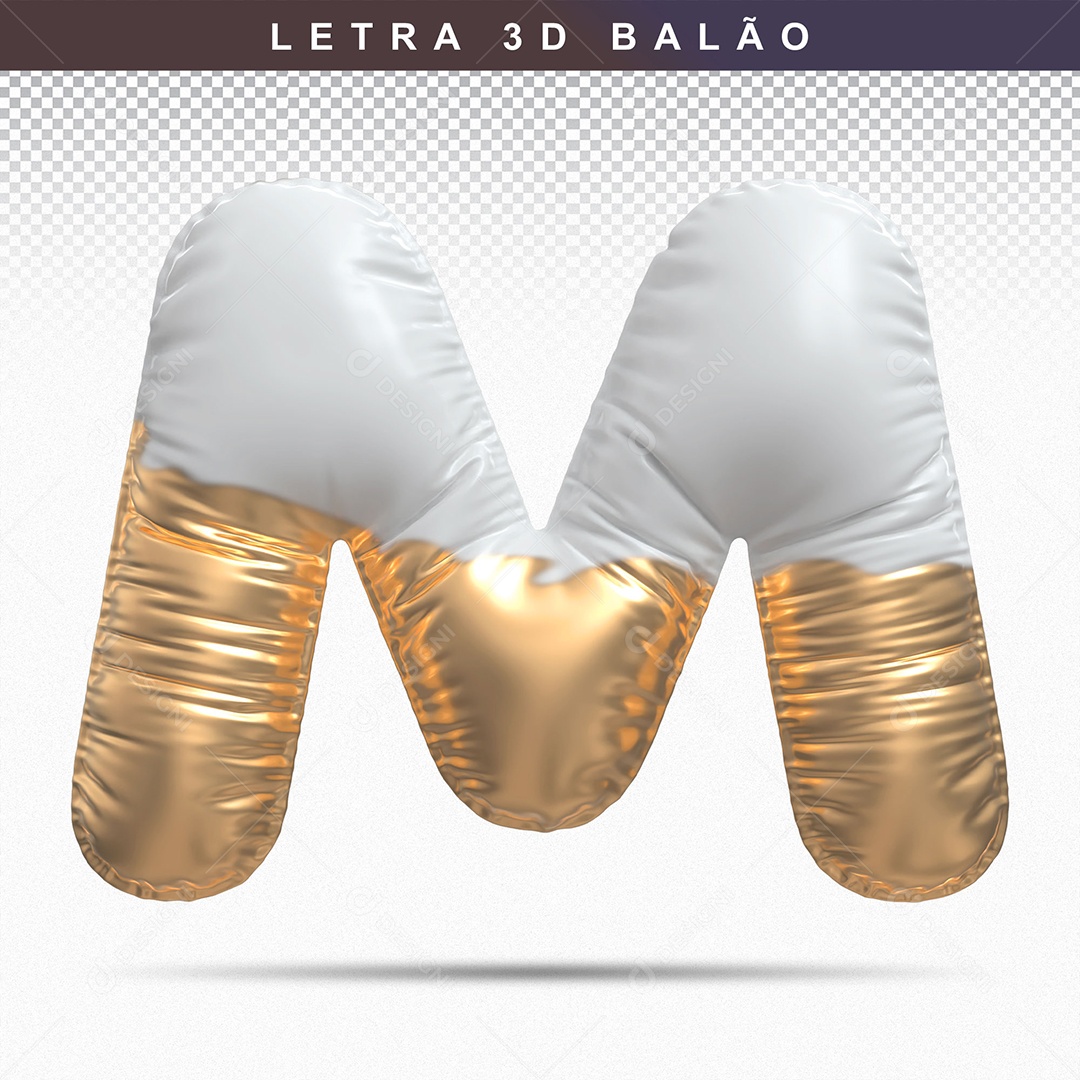 Letra M Maiúsculo do Alfabeto Elemento 3D Branco Dourado para Composição PSD