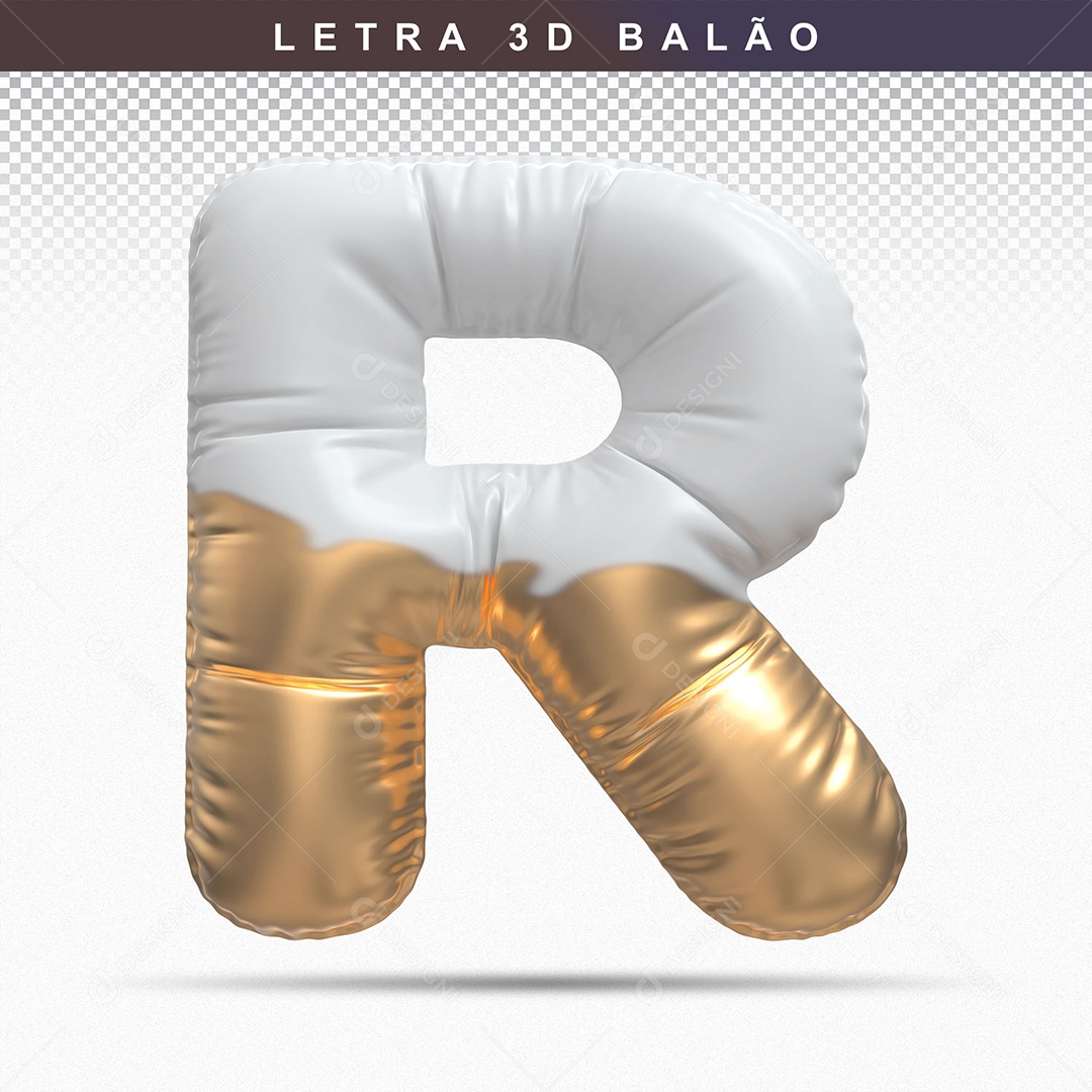 Letra R Maiúsculo do Alfabeto Elemento 3D Branco Dourado para Composição PSD