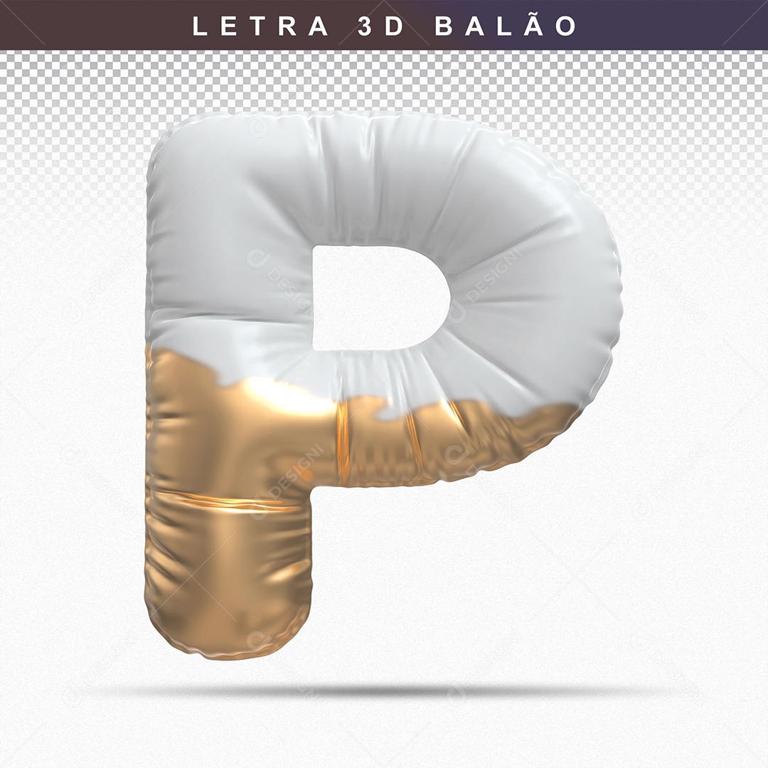 Letra P Maiúsculo Elemento 3D Branco Dourado para Composição PSD