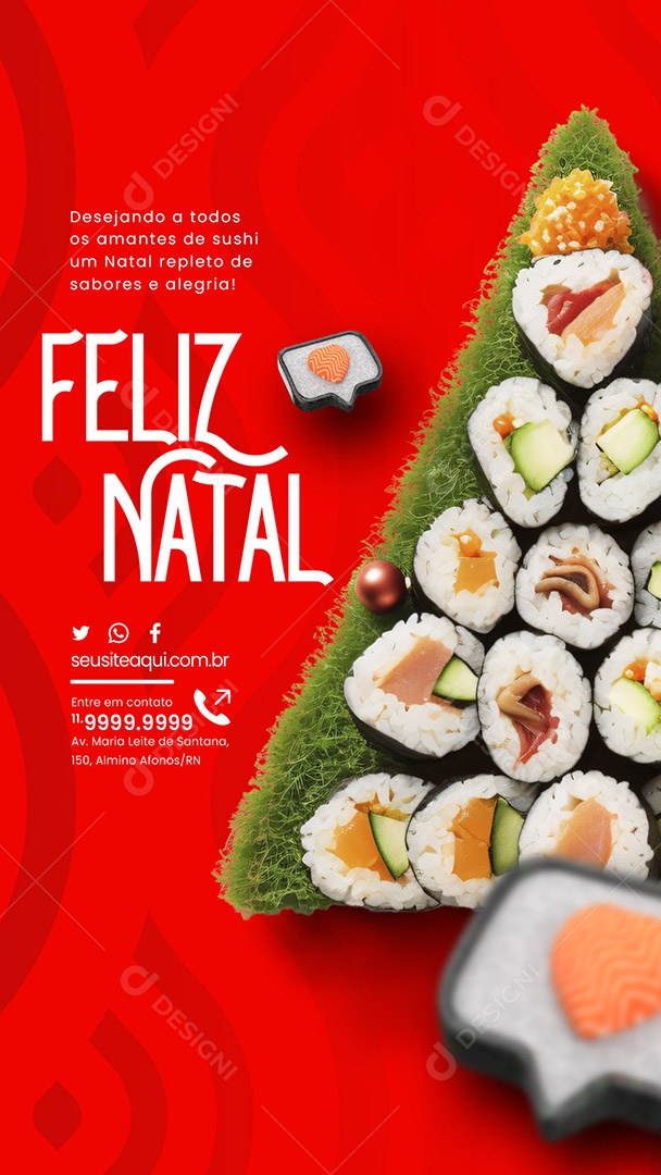 Story Feliz Natal Desejando a Todos os Amantes de Sushi um Natal Repleto de Sabores Comida Japonesa Social Media PSD Editável