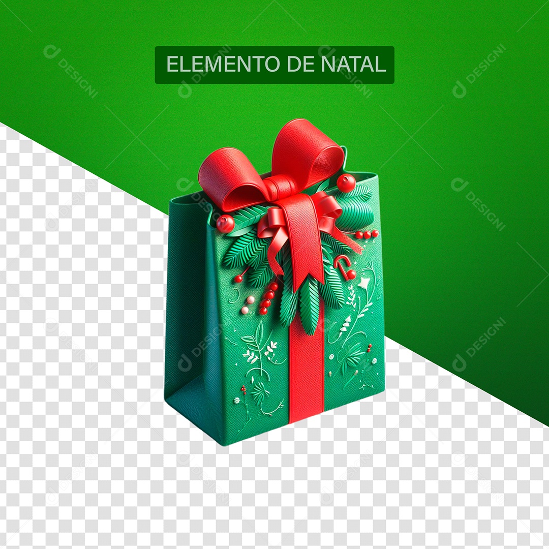 Sacola de Presente natal Elemento 3D Verde Vermelho para Composição PSD
