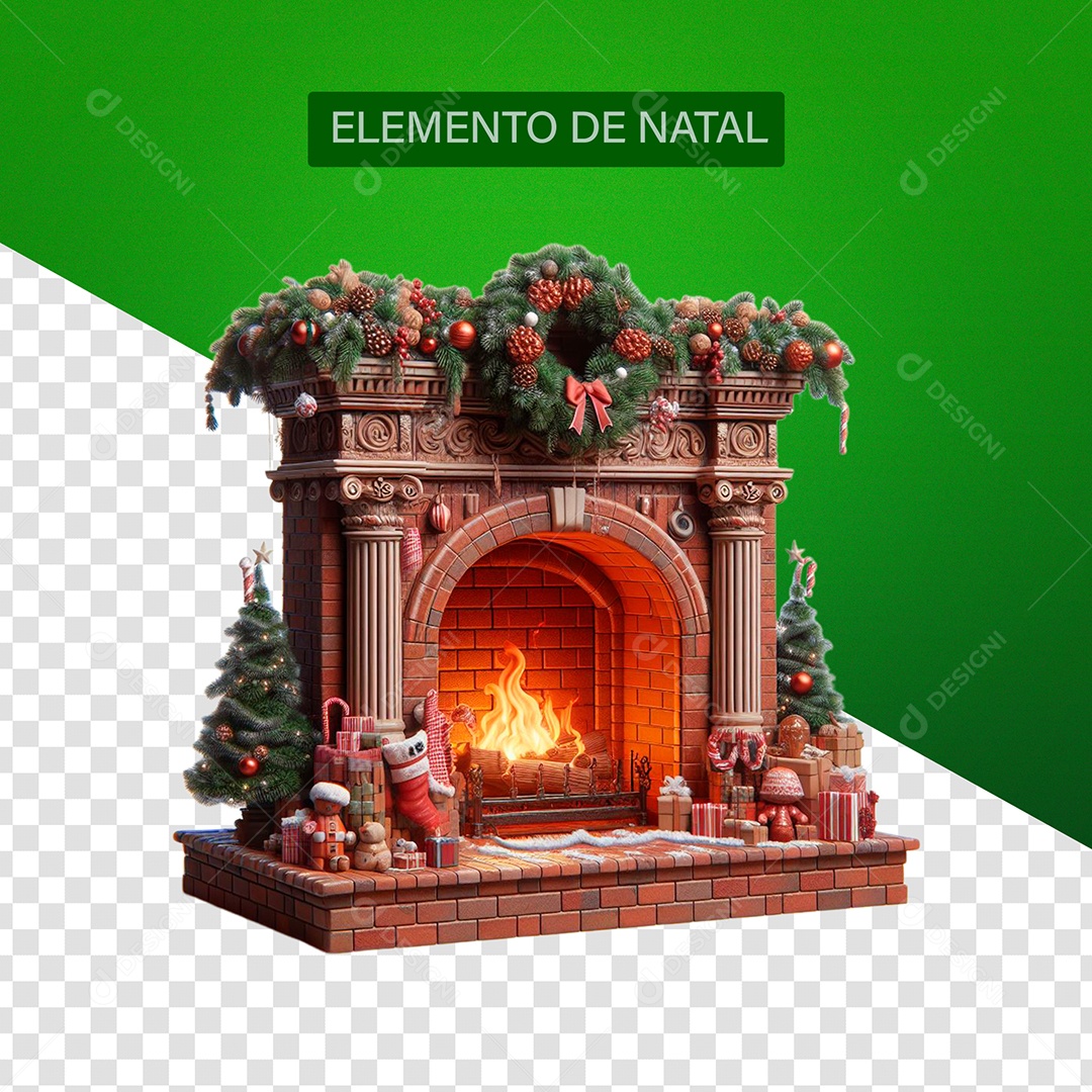 Lareira com Guirlanda e Enfeites de natal Elemento 3D para Composição PSD