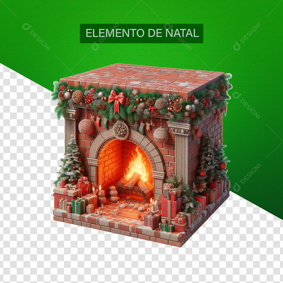 Fireplace with Christmas Ornaments Red Green 3D Element for PSD Composition