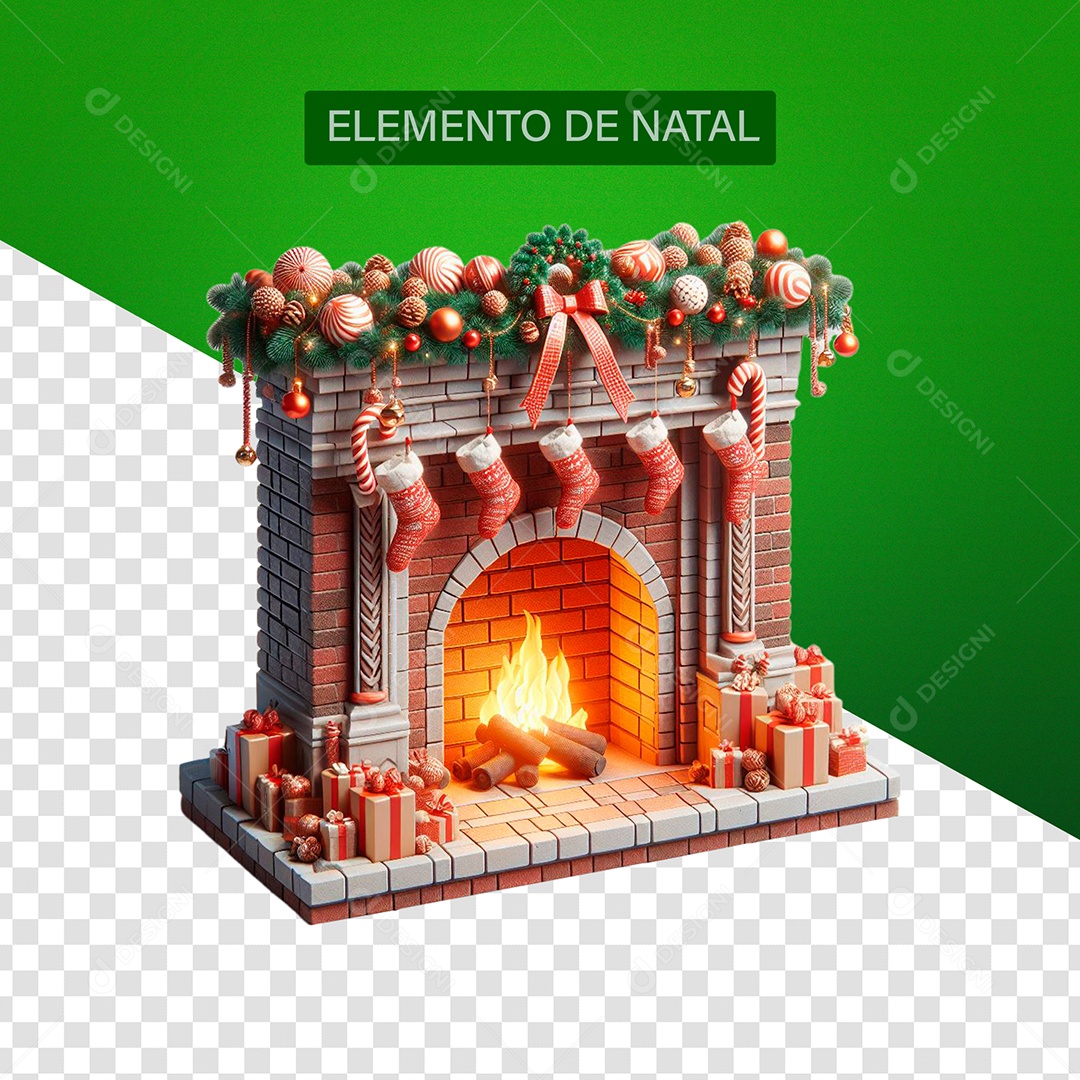 Lareira com Enfeites de natal Elemento 3D para Composição PSD