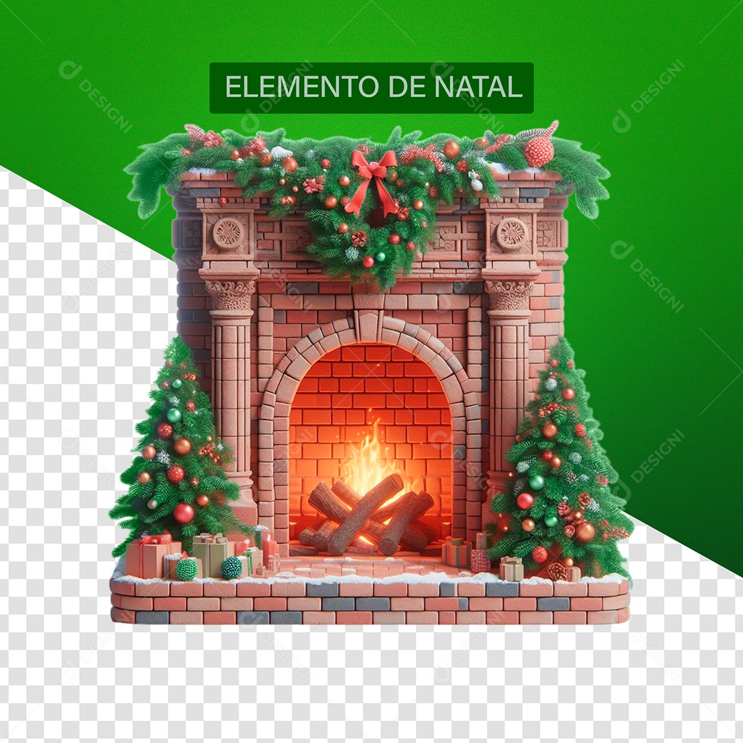 Lareira de natal com Árvores e Presente Elemento 3D para Composição PSD