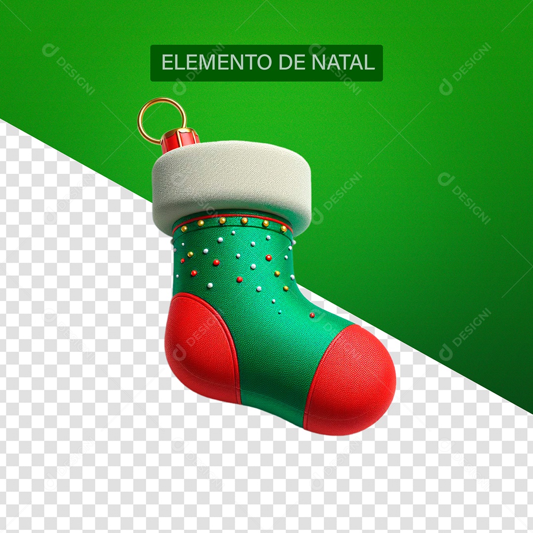 Meia de natal Elemento 3D Verde Vermelho Branco para Composição PSD