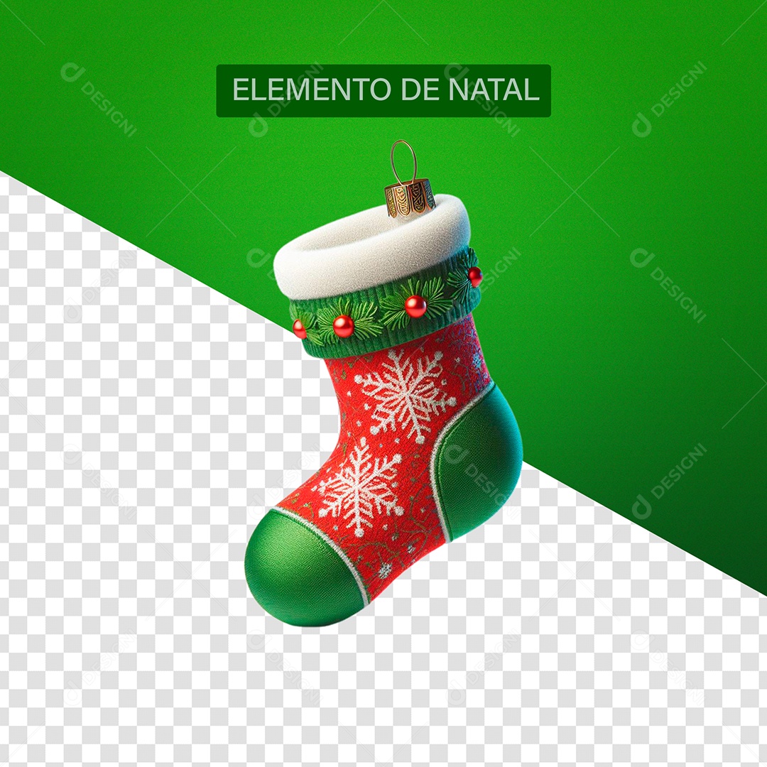 Meia Enfeite de natal Elemento 3D Verde Vermelho Branco para Composição PSD