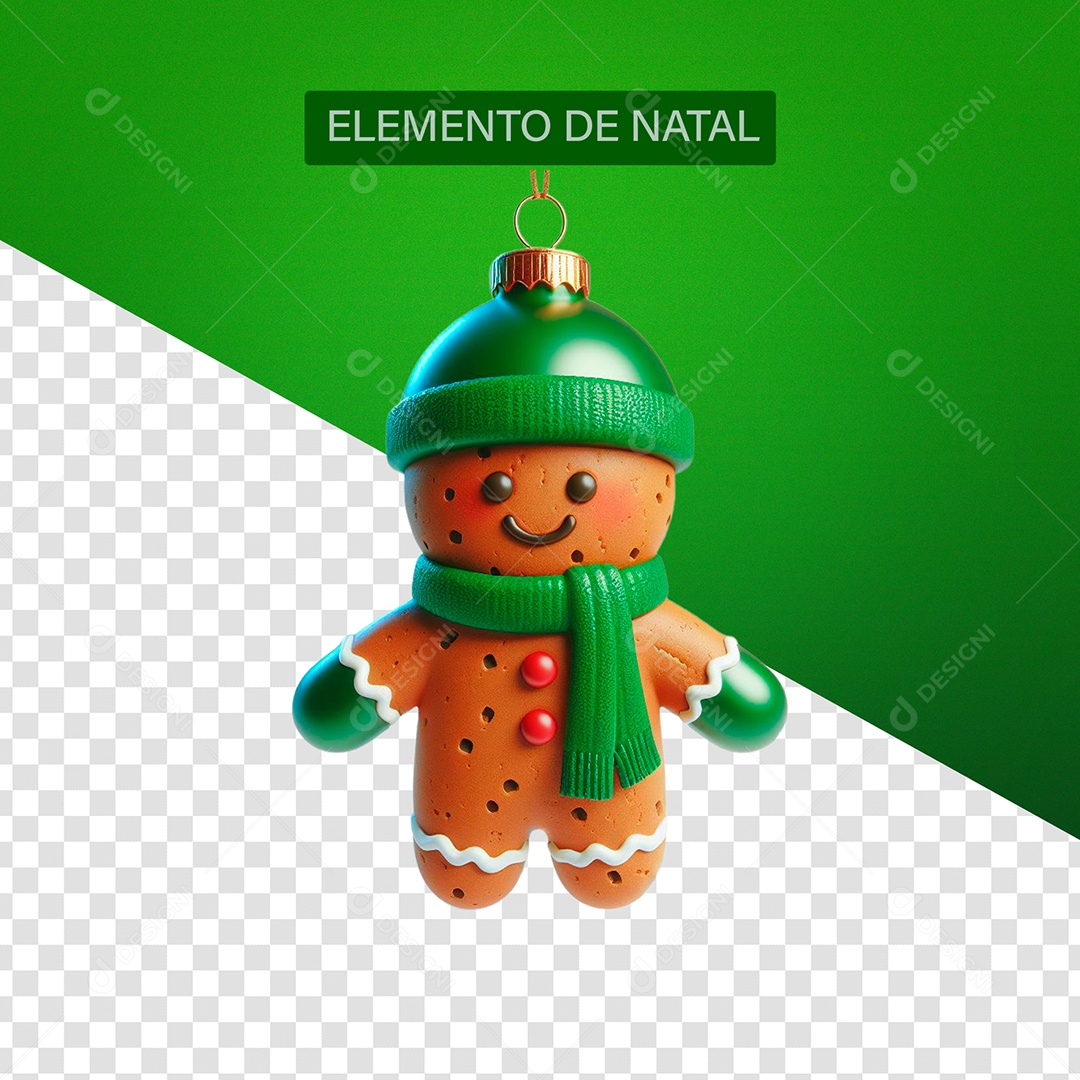 Biscoito com Gorro e Cachecol Elemento 3D Verde para Composição PSD