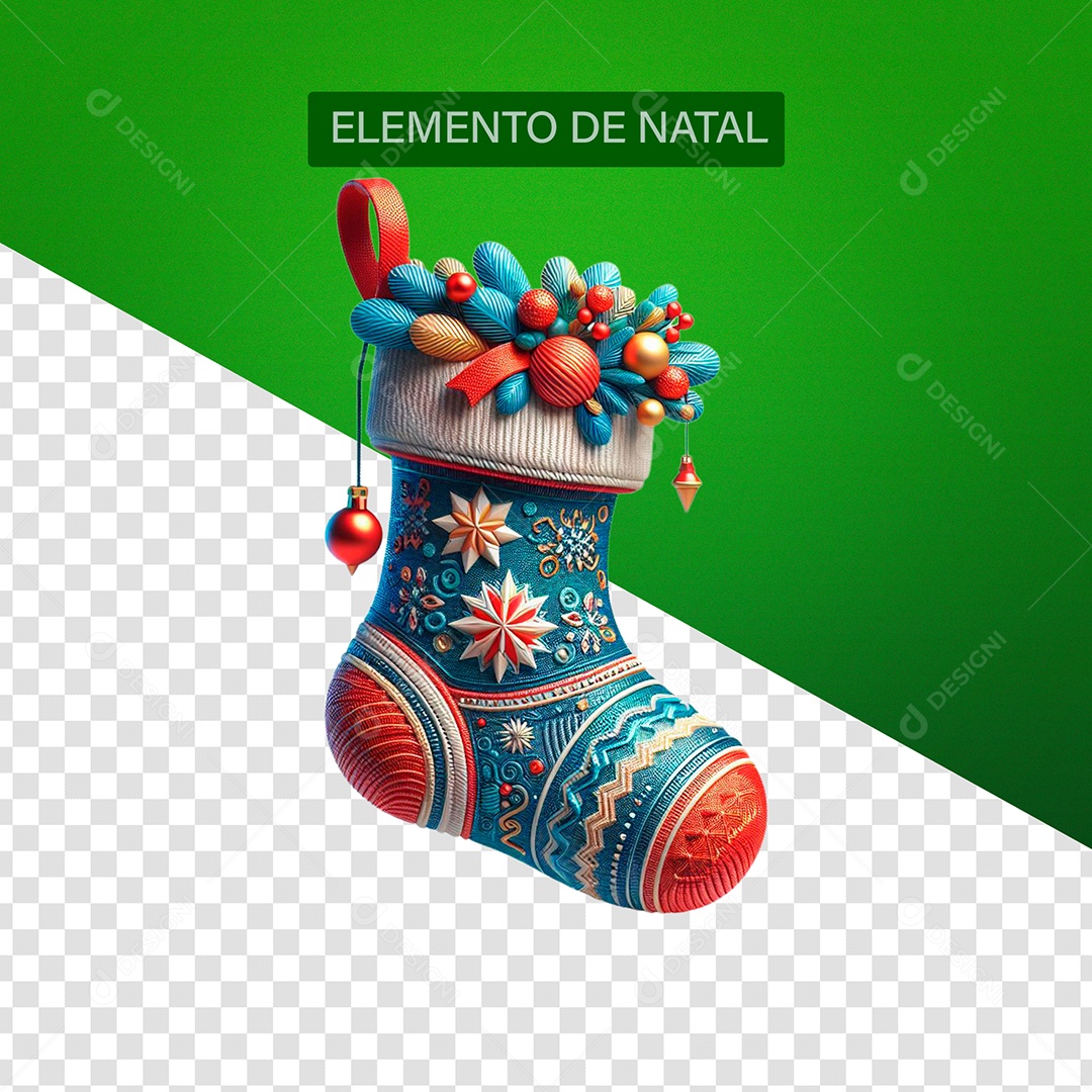 Meia Enfeite de natal Elemento 3D Azul Vermelho para Composição PSD