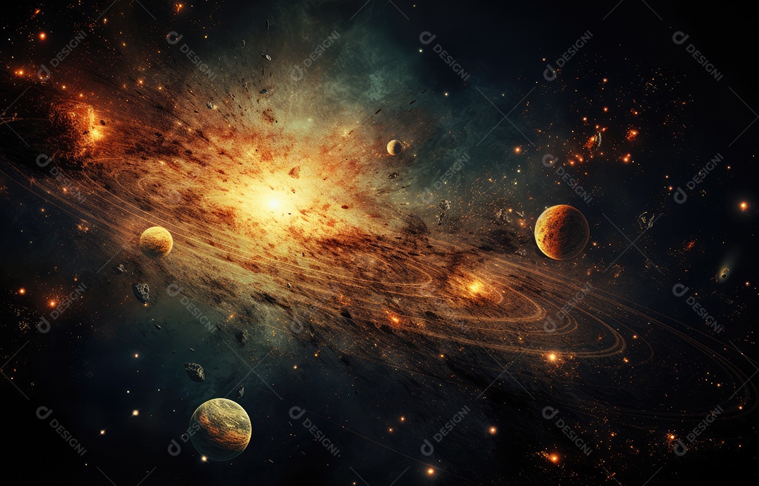 Representação vívida do sistema solar, dos planetas e das luas em órbita, textura detalhada dos corpos celestes