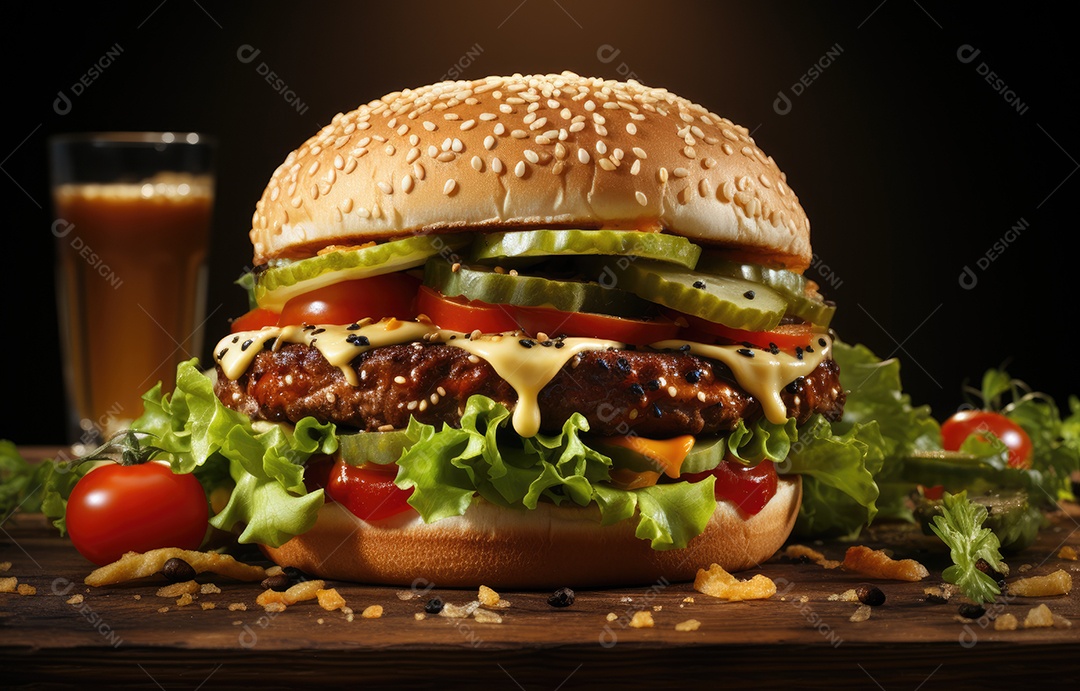 Delicioso hambúrguer sobre uma mesa de madeira