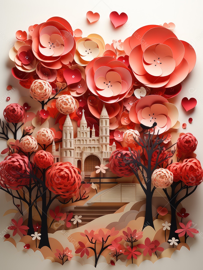 Feliz conceito de dia dos namorados com fundo de estilo de corte de papel em várias camadas. Design romântico para lua de mel. cartão de felicitações, pôster, banner.