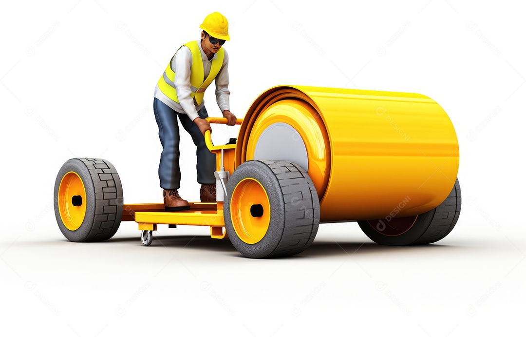 Engenheiro de construção de estradas trabalha com trabalhador e rolo de tambor duplo amarelo