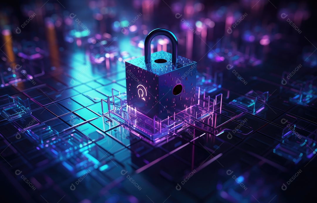 Ícone de cadeado digital, rede de segurança cibernética e tecnologia de proteção de dados na interface virtual