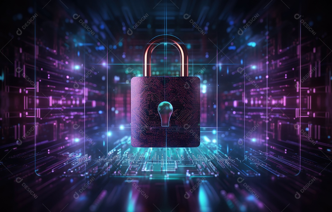 Ícone de cadeado digital, rede de segurança cibernética e tecnologia de proteção de dados na interface virtual