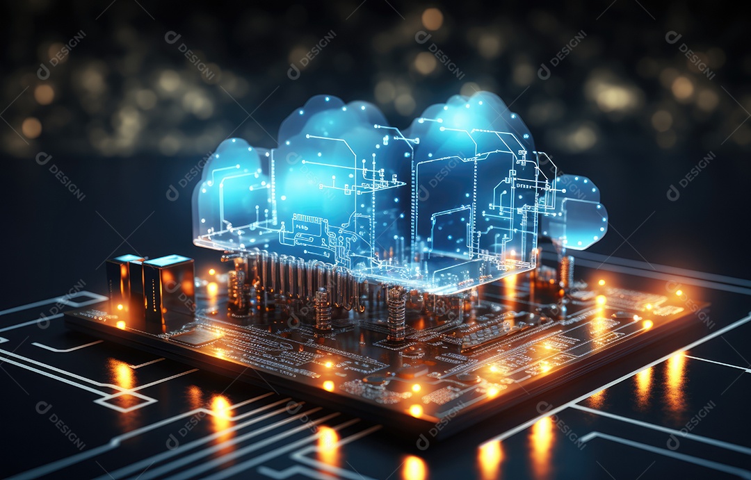 Visualize uma rede avançada de computação em nuvem, com um símbolo de nuvem etéreo e luminoso interconectado com uma placa de circuito futurística