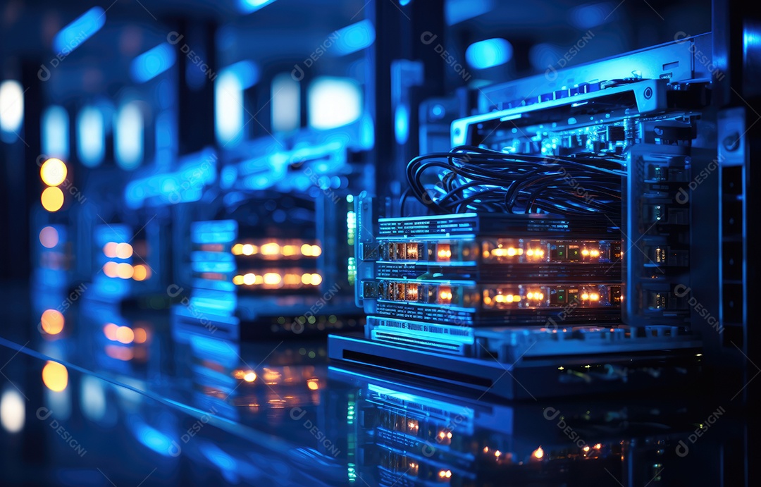 Racks de servidores no data center da de servidores de segurança de rede de computadores.